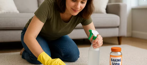 "Person rengör matta hemma med naturliga metoder som bikarbonat och ättika – effektiv fläckborttagning och fräsch doft utan behov av kemtvätt"